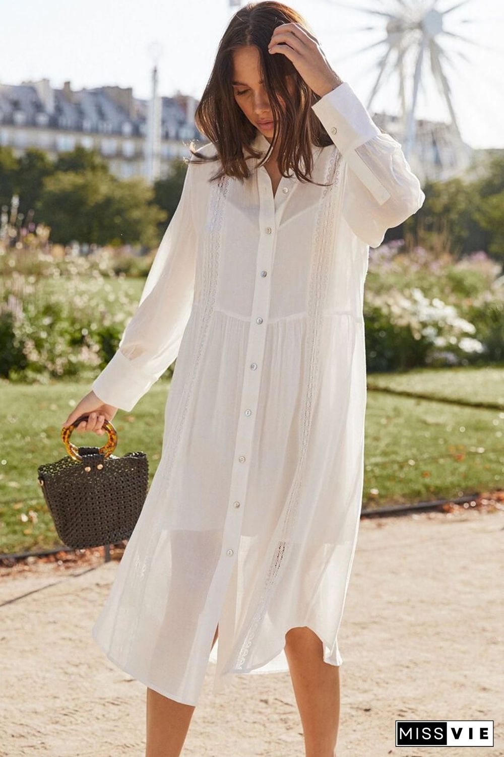 Sleeved Button Front Crochet Trim Sheer Cover Up