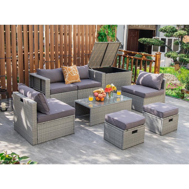 Tangkula 8 Pieces All weather Pe Rattan Patio Furniture Set Outdoor Space saving Sectional Sofa Set With Storage Box