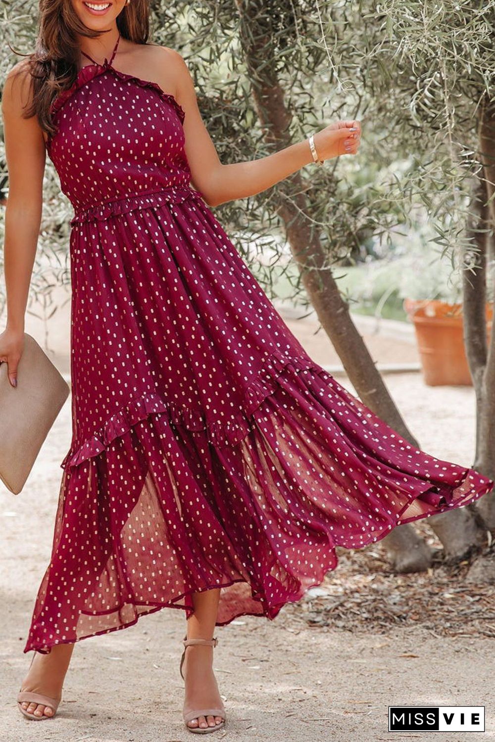 Red Polka Dot Print Ruffled Halter Neck Backless Long Dress