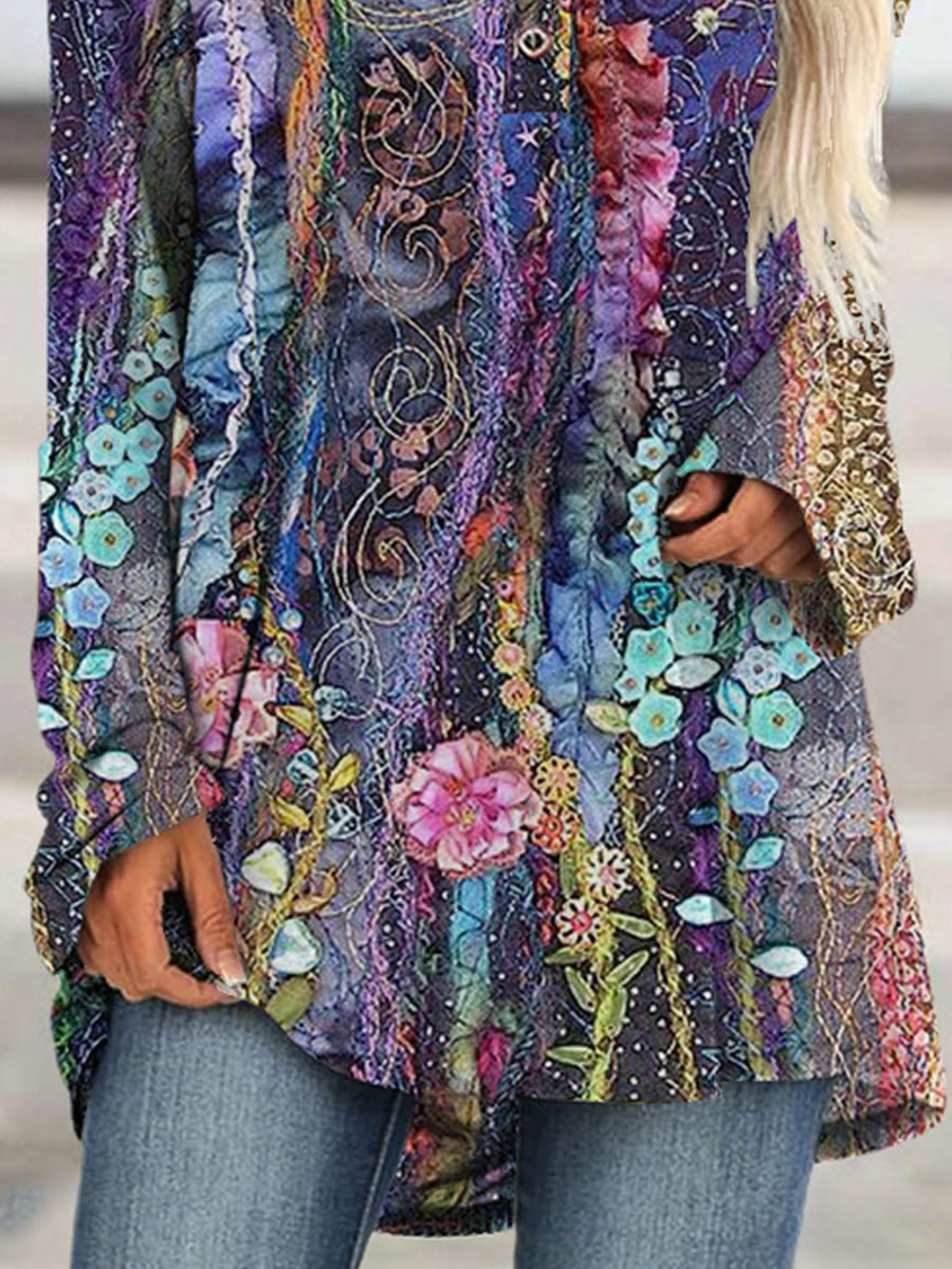 Round Neck Flower Print Loose Long Sleeve T-shirt