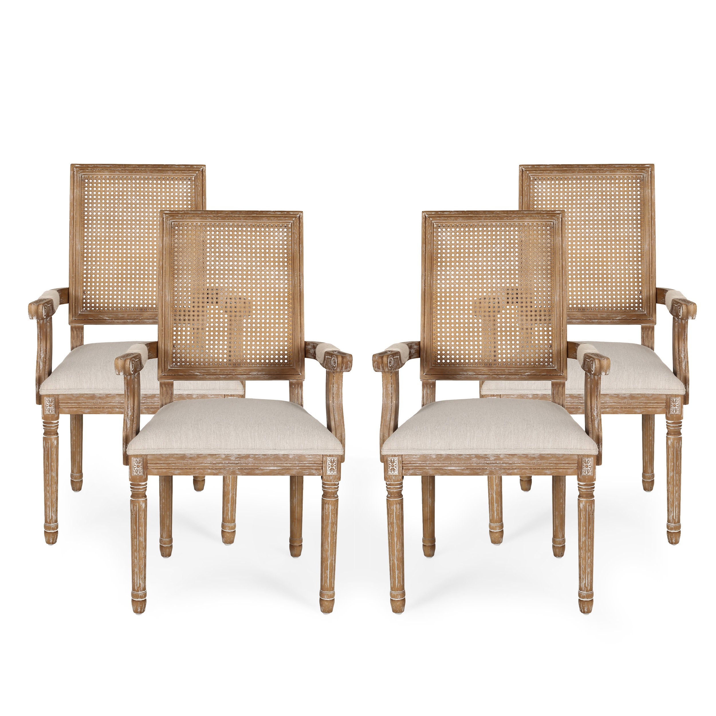 Zentner French Country Upholstered Wood and Cane Upholstered Dining Chairs, Set of 4