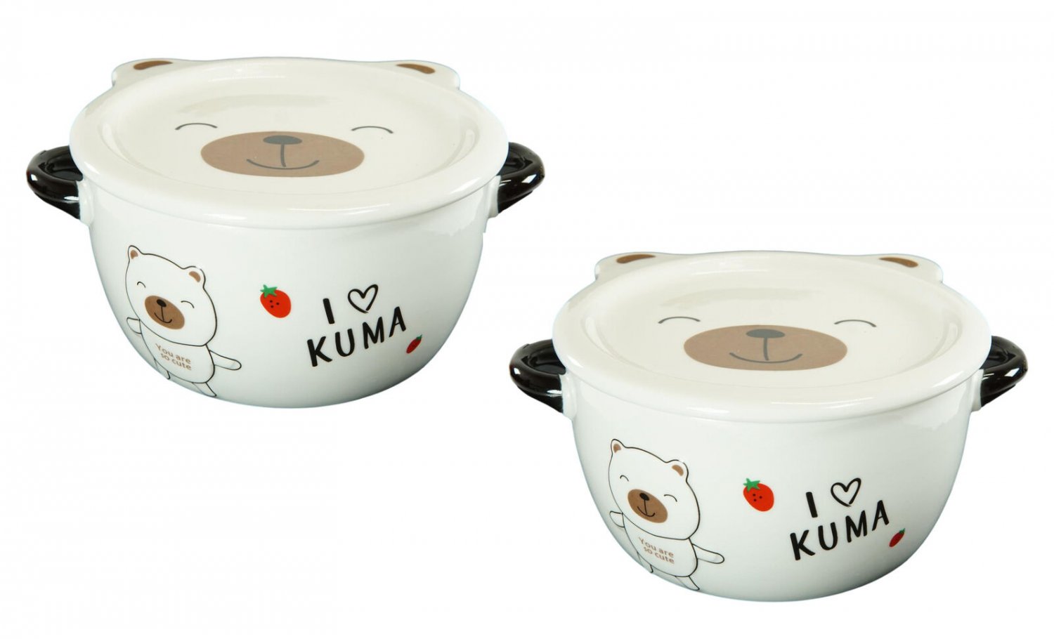 1 Pack Of 2 White Kuma Bear Porcelain Kids Food Bowls 25Oz W/ Condiment Lid Plate EBR02