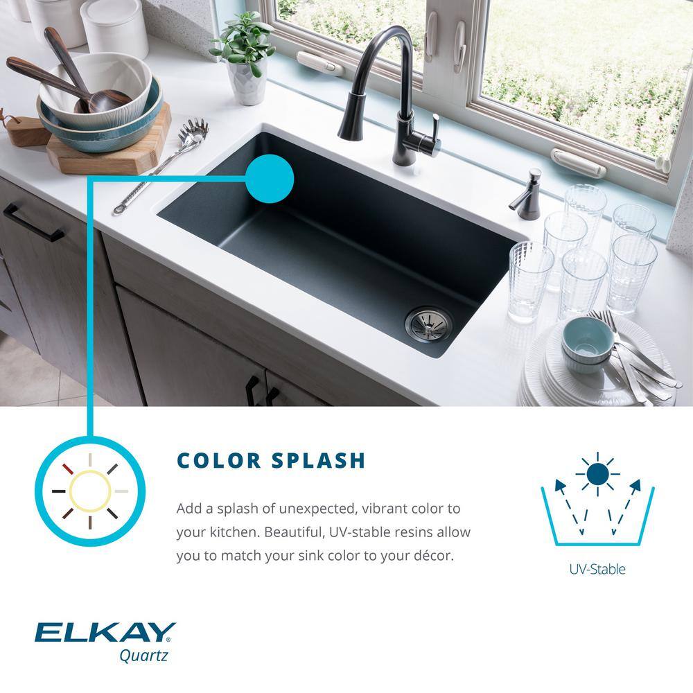 Elkay Quartz Classic Undermount Composite 33 in. Single Bowl Kitchen Sink in Black with Drain and Bottom Grid VBTHD7