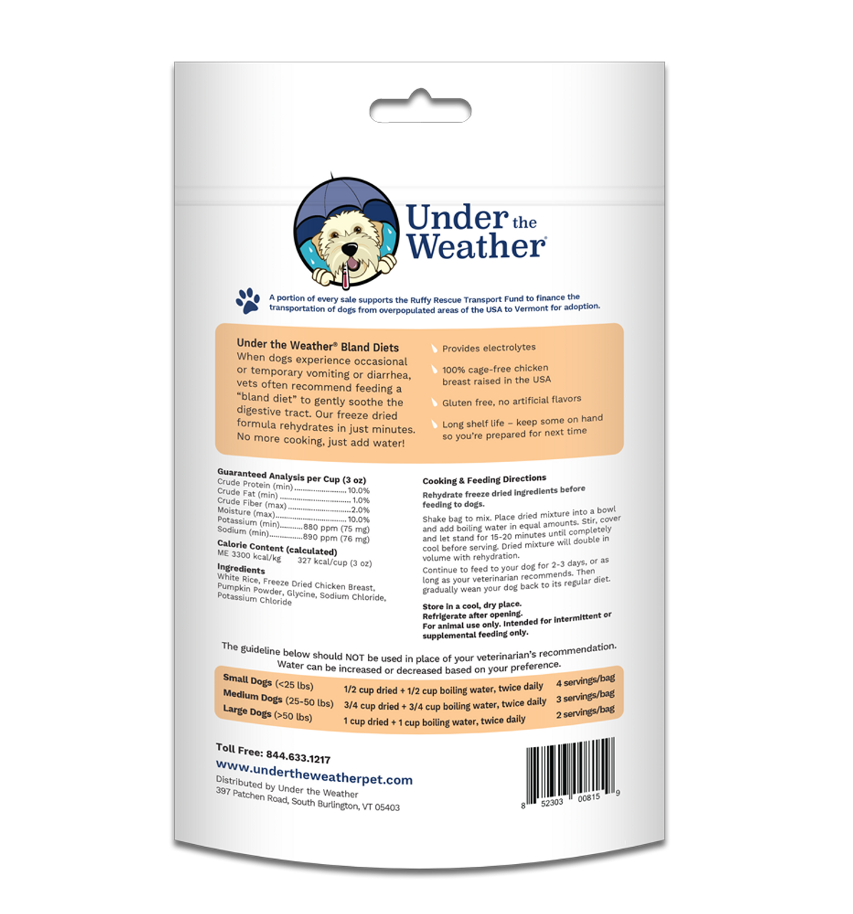 Under The Weather Freeze Dried Bland Diet Chicken， Rice， and Pumpkin Dog Food 6oz