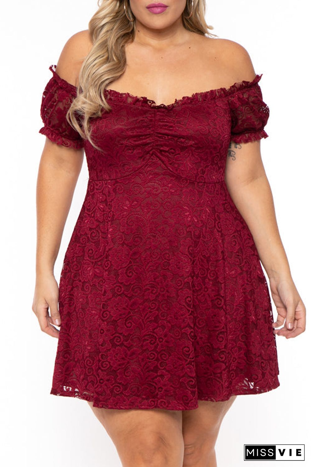 Red Lace Frill Bubble Sleeve Off Shoulder Plus Size Dress