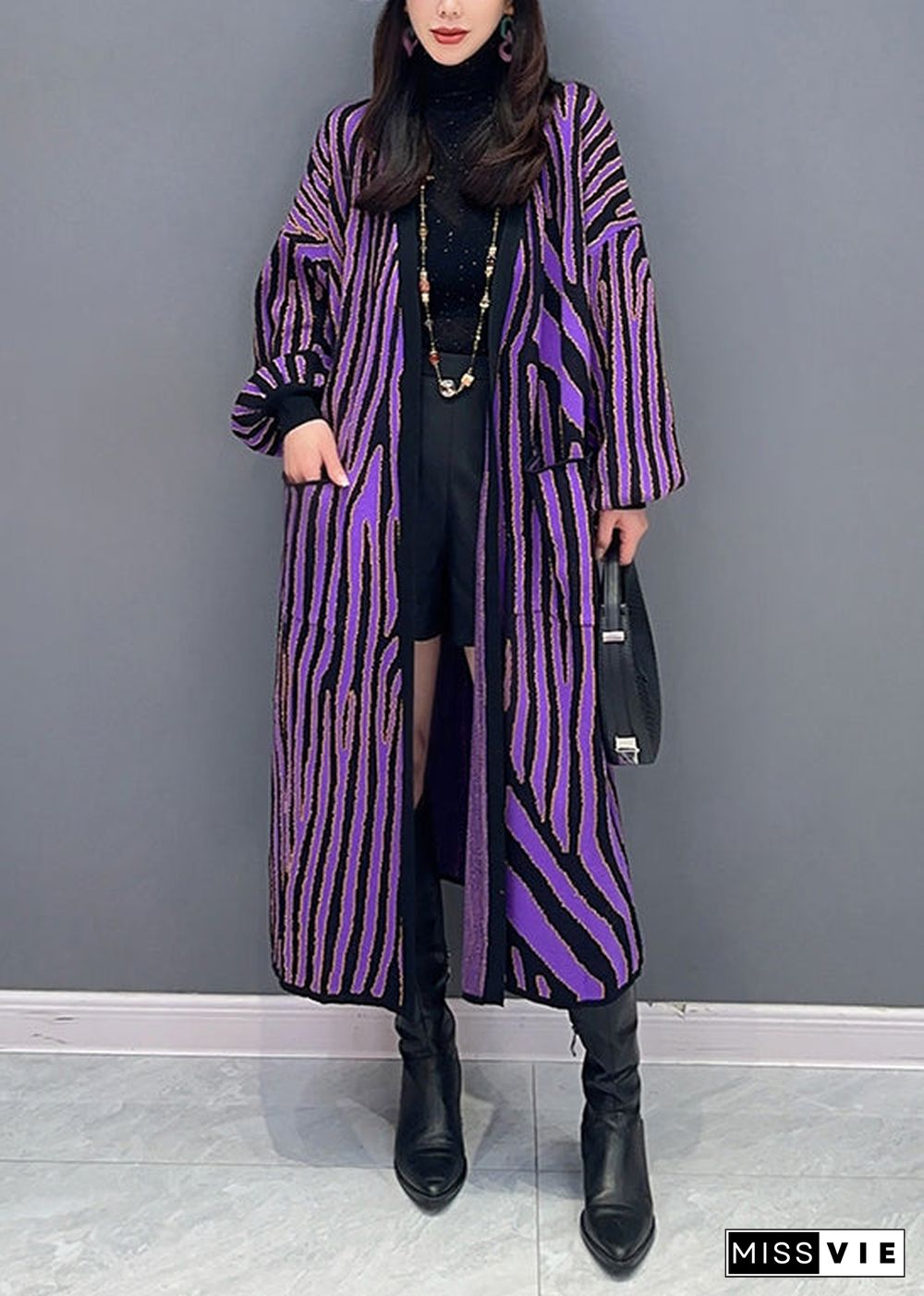 Women Purple Striped Pockets Patchwork Knit Long Cardigan Fall