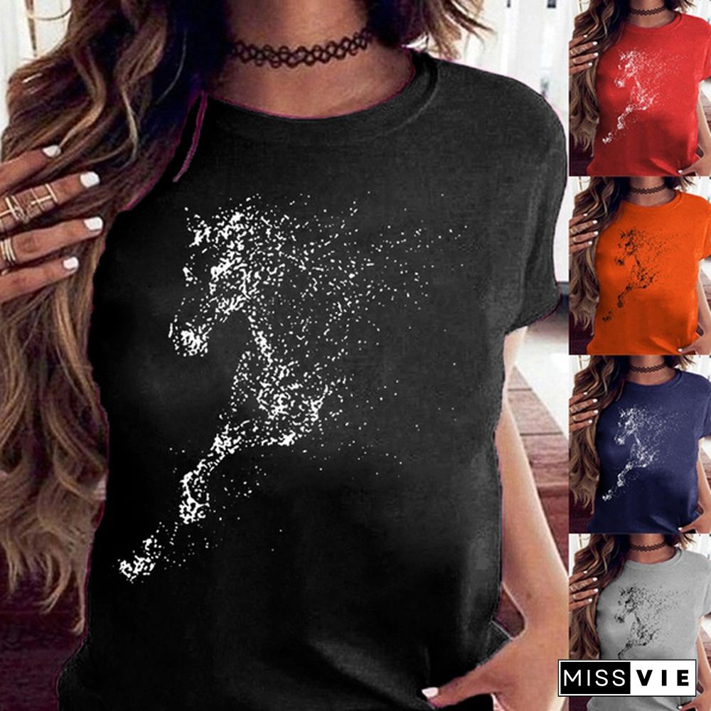 Cute Horse Print T Shirts for Women Summer Short Sleeved Tees Top Women's Round Neck Graphic Tshirts Casual Wear; Loose Fit Tees Woman Blouse Vestidos Mujer