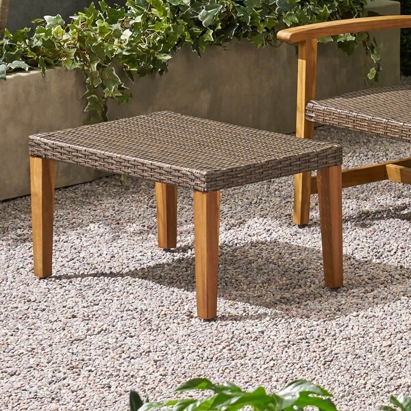 Hampton Outdoor Transitional Wicker and Acacia Wood Ottoman by Christopher Knight Home