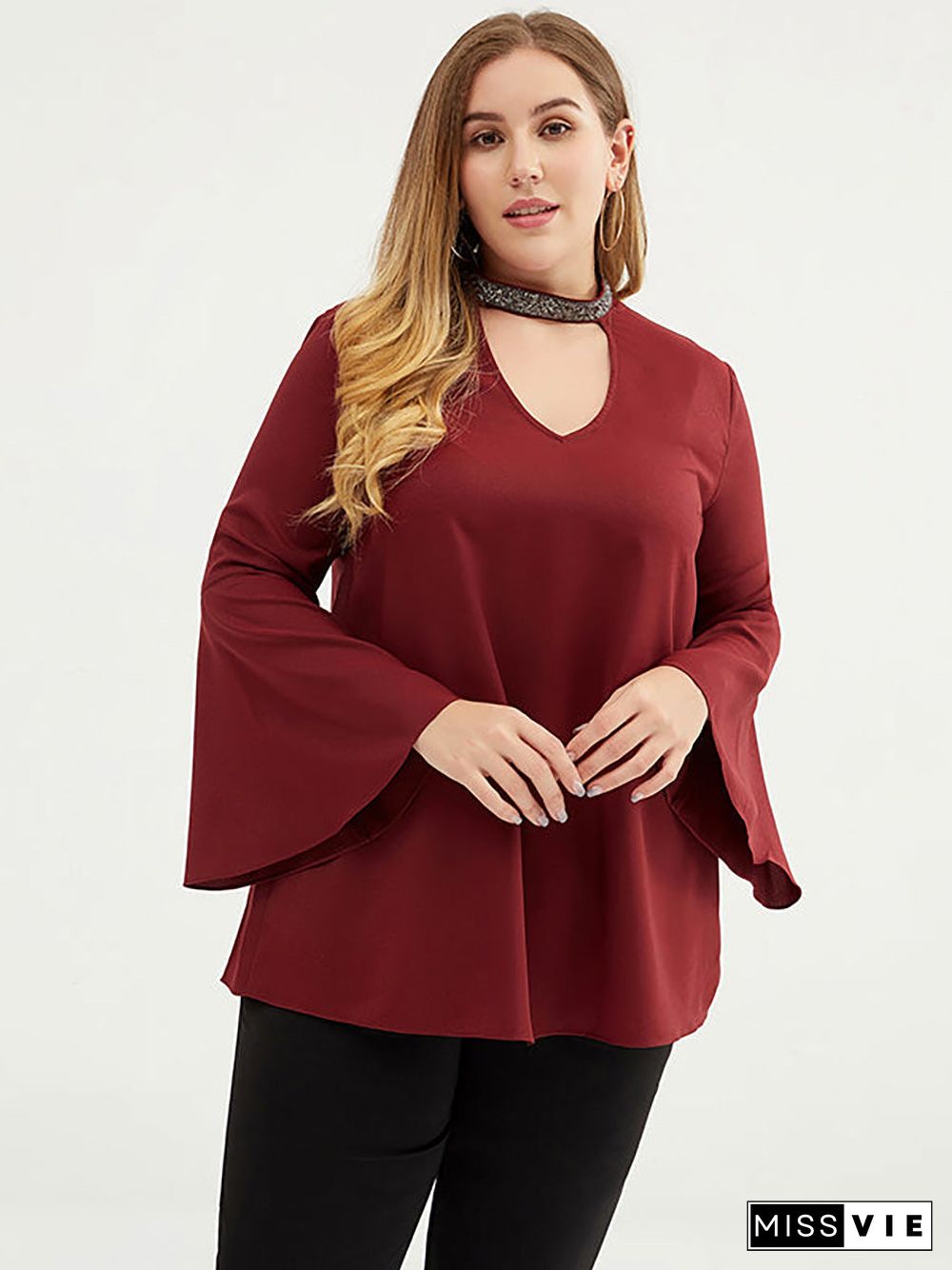 Plus Size Women 3/4 Flare Sleeve Solid Color T-shirt