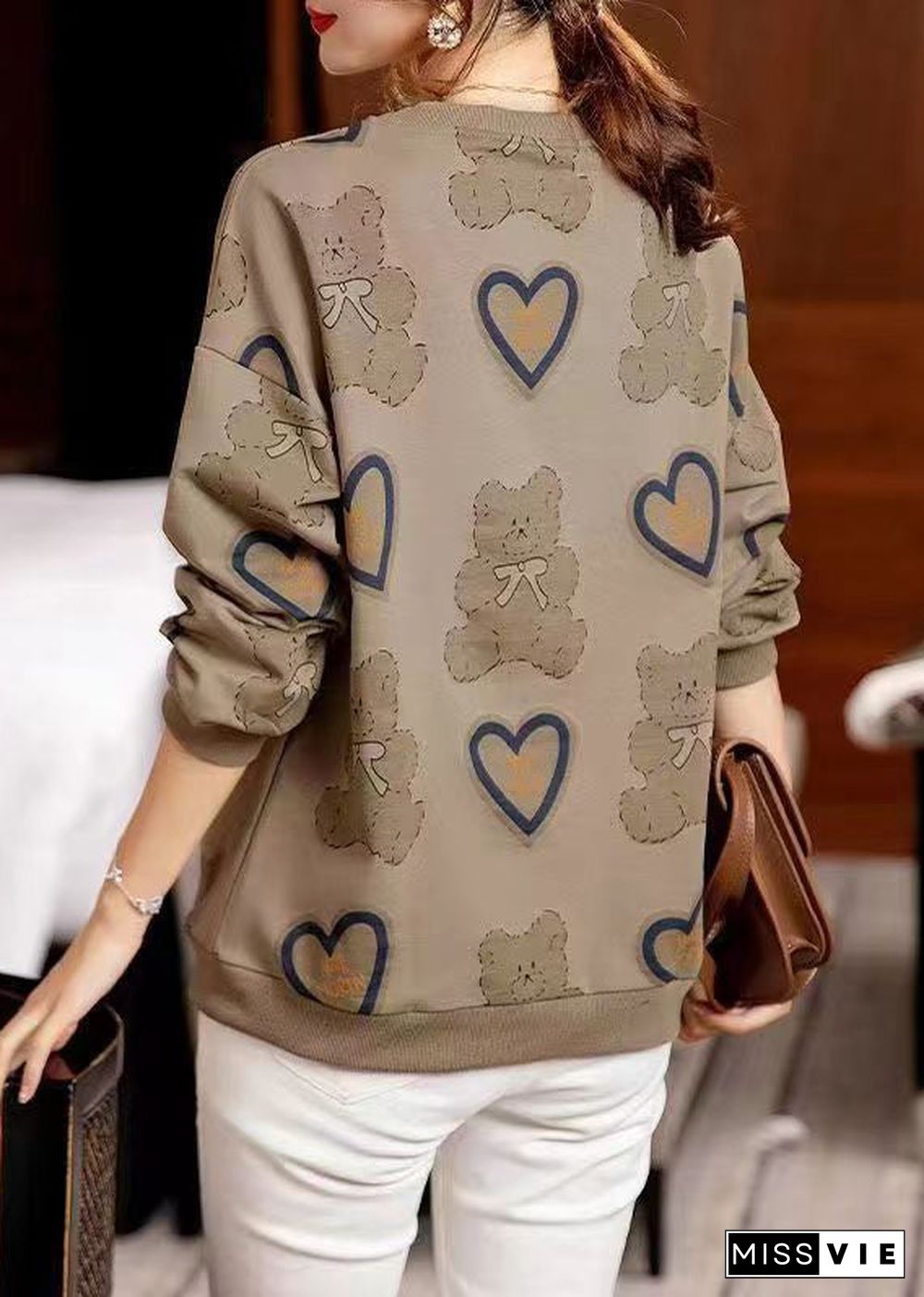 Women Coffee O Neck Print Patchwork Cotton Sweatshirt Fall