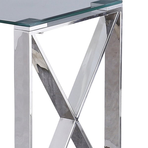 22 Inch Metal X Frame Glass Top Side Table， Silver