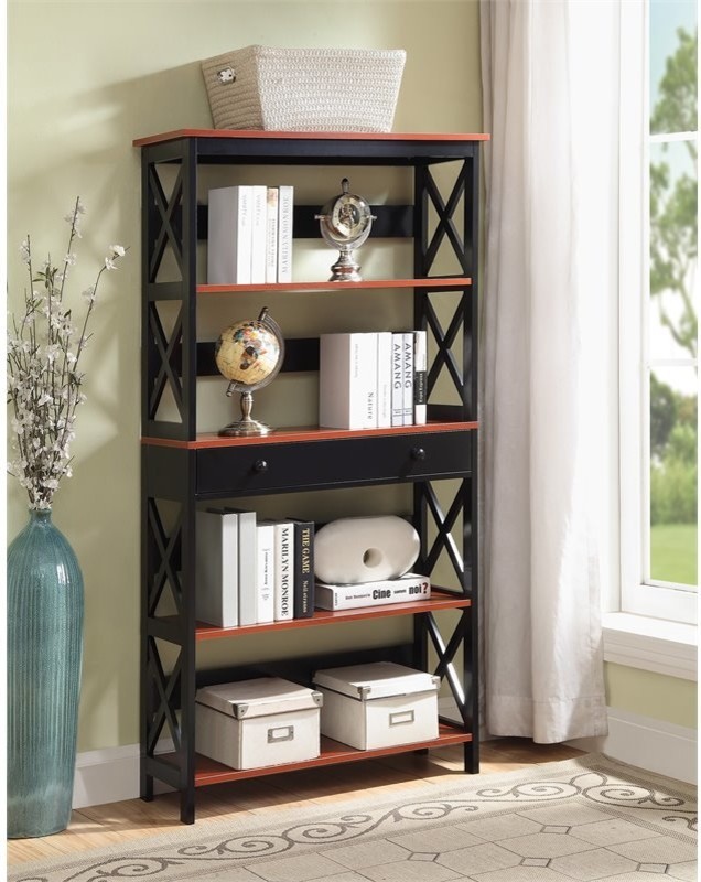 Convenience Concepts Oxford Five Tier Bookcase in Cherry and Black Wood Finish   Transitional   Bookcases   by Homesquare  Houzz