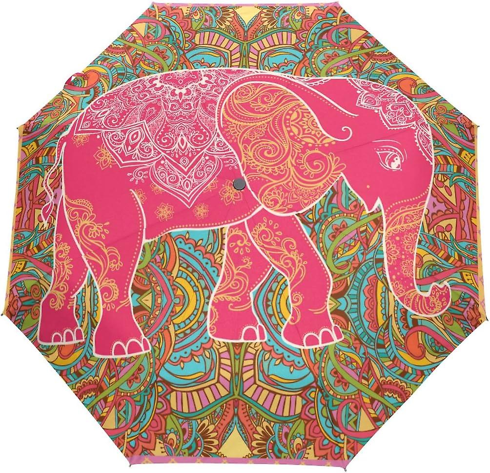 Rain Umbrella Automatic Windproof Foldable Umbrella Ethnic Red Elephant