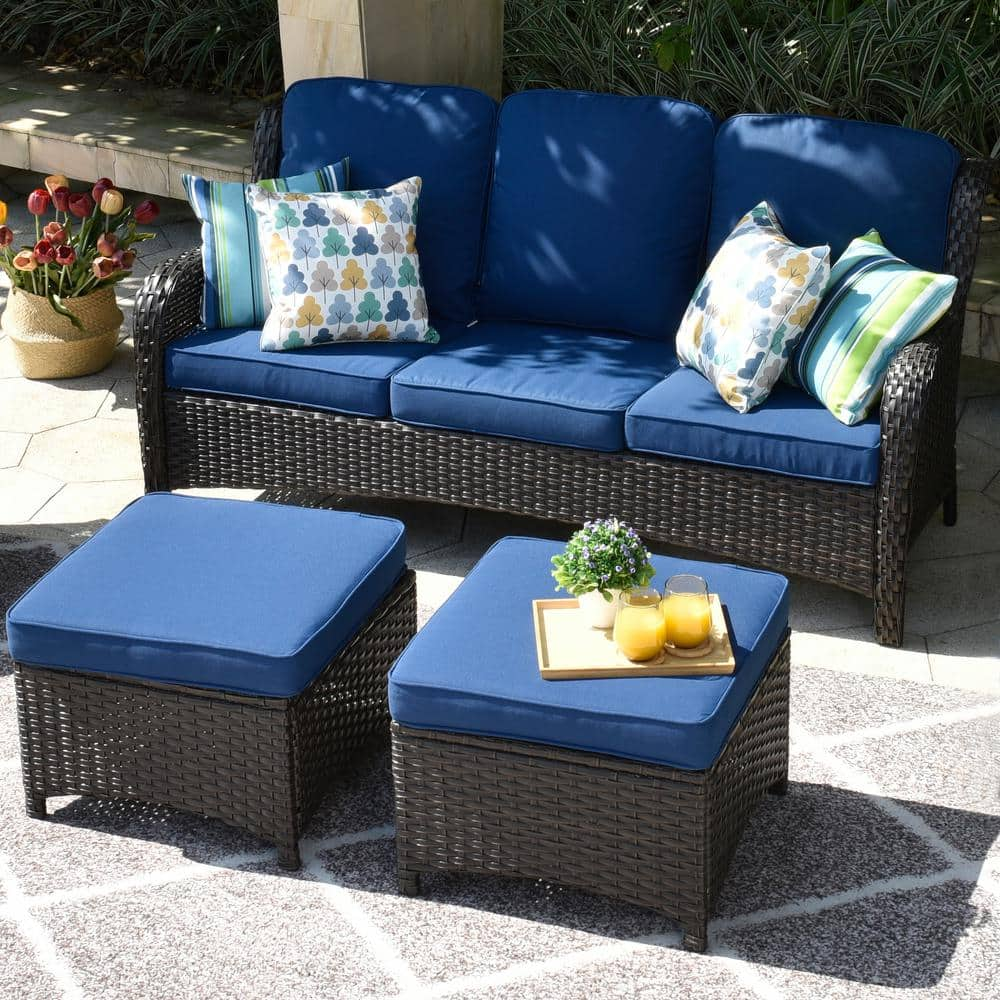 OVIOS Joyoung Brown 3-Piece Wicker outdoor Patio Sectional Conversation Seating Set with Navy Blue Cushions YJNTC7021