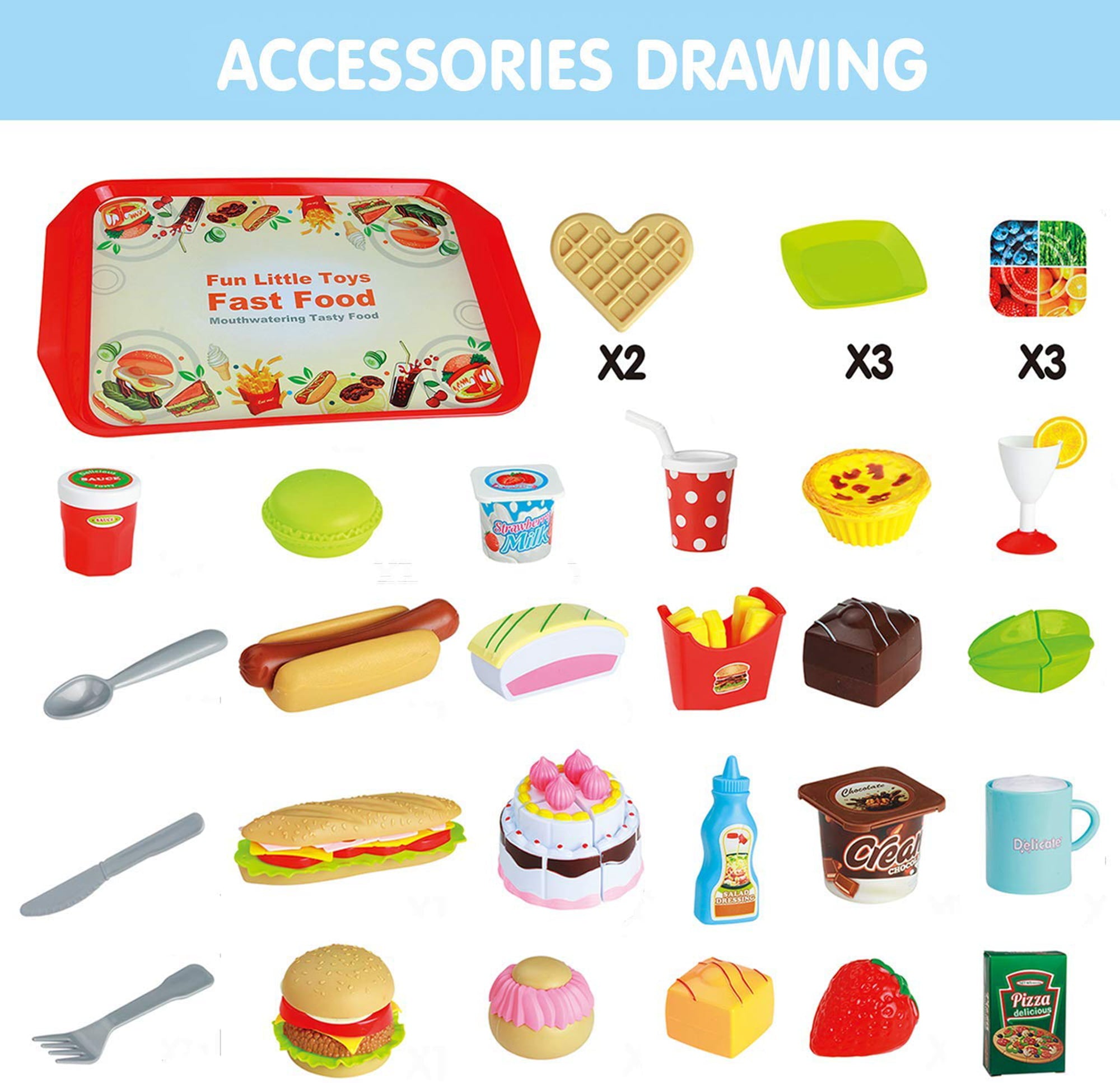 Fun Little Toys 49 Pcs Play Food for Kids Kitchen, Toy Foods with Cutting Fruits, Cake and Fast Food for Pretend Play