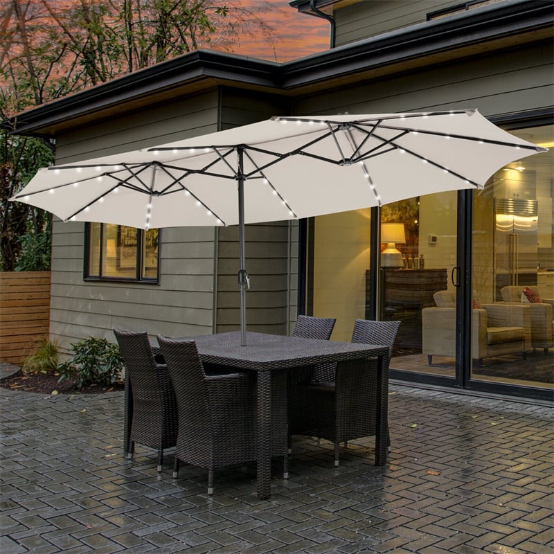 15 FT Large Outdoor Patio Table Umbrella with 48 Solar LED Lights & Crank, Double-Sided Metal Deck Pool Umbrella