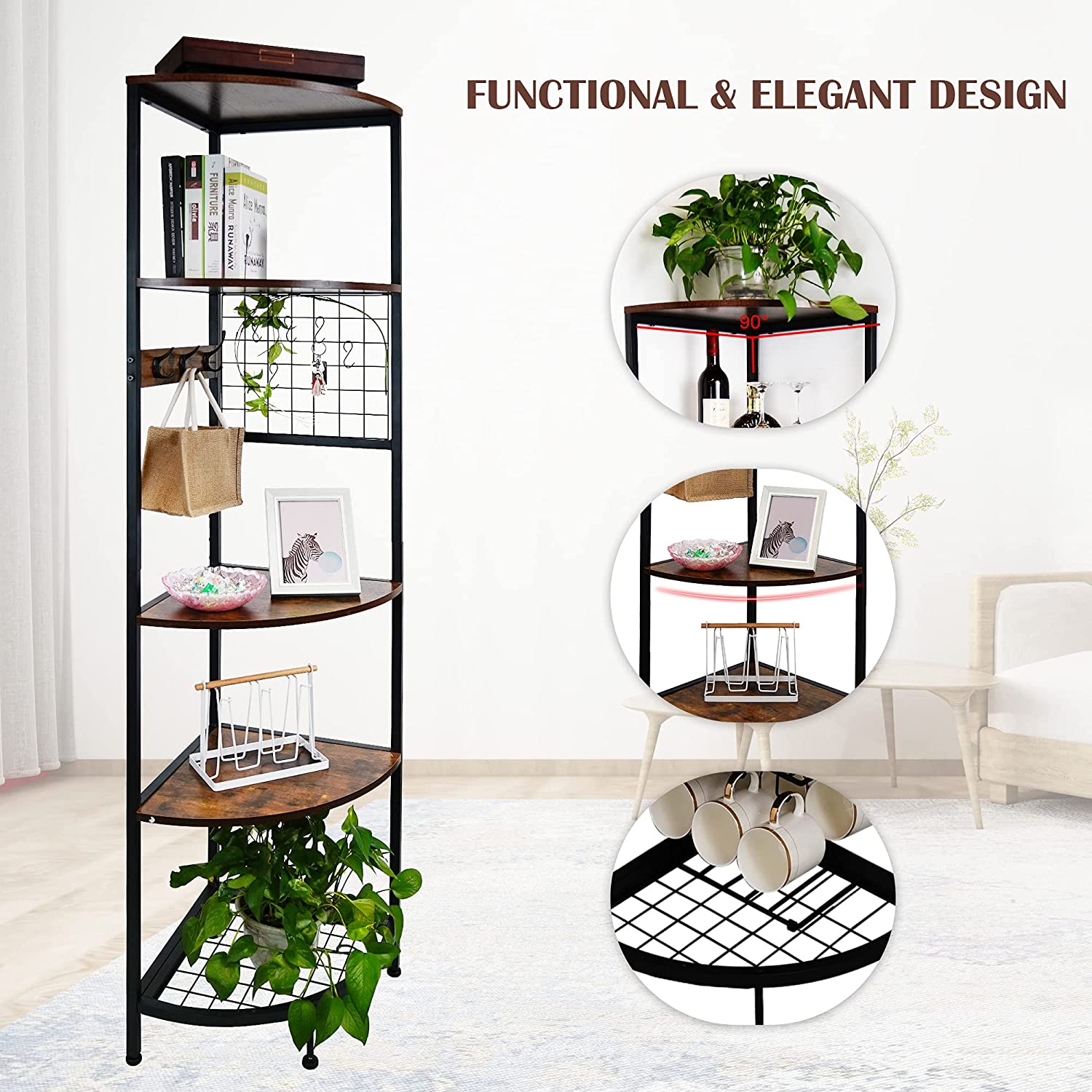 6 FT Tall 5-Tier Corner Shelf  Industrial Free Standing Corner Bookshelf Corner Display Storage Rack with Hanging Hooks Metal Frame Plant Stand Rack Antique Brown