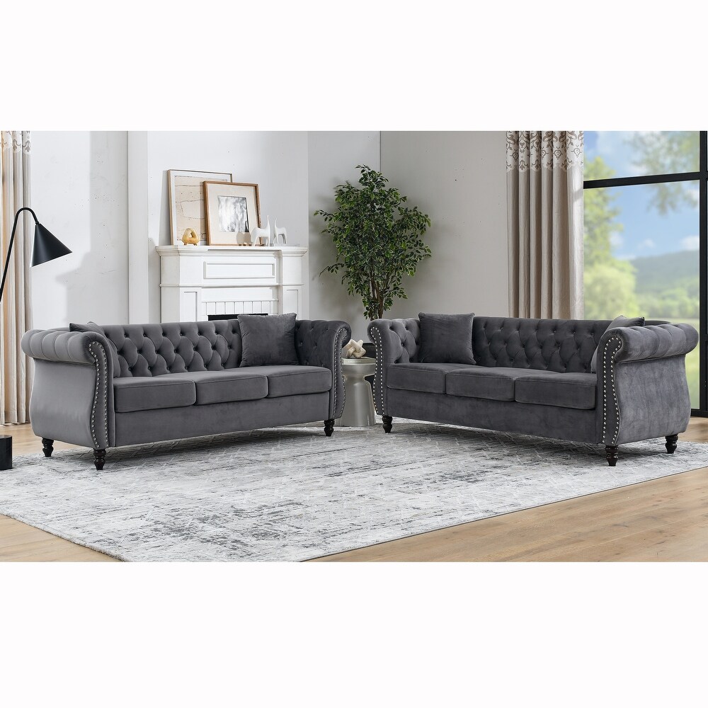 Velvet Upholstered Chesterfield Sofa Set Ergonomic Nailheads Couches Set with Removable Cushions for Livingroom