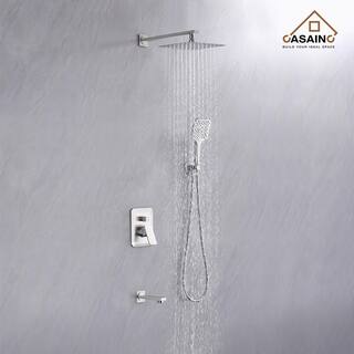 CASAINC 3-Spray Patterns with 9.8 in. Tub Wall Mount Dual Shower Heads in Spot Resist Brushed Nickel HM-B206-SQ-BN