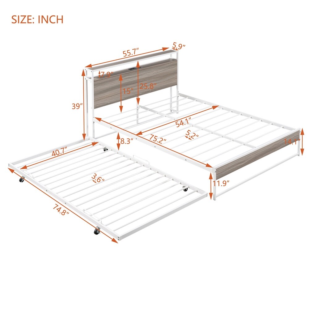 Classic Elegant Full Size Metal Platform Bed Frame with Trundle  USB Ports