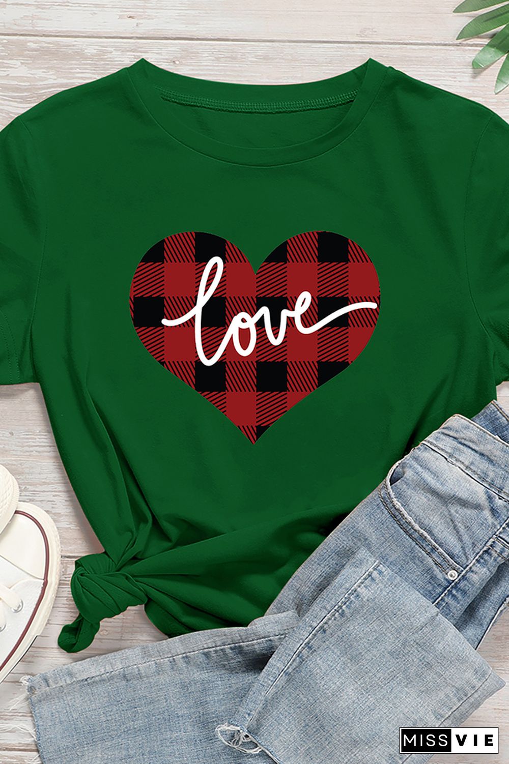 VALENTINE'S DAY Plaid Heart Graphic Tee Short Sleeve T shirts Top Wholesale