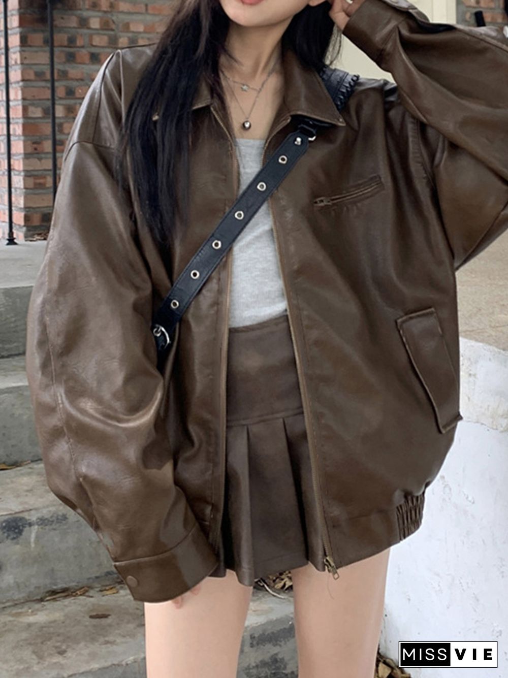 Vintage Brown Lapel Neck Zip Up Leather Jacket