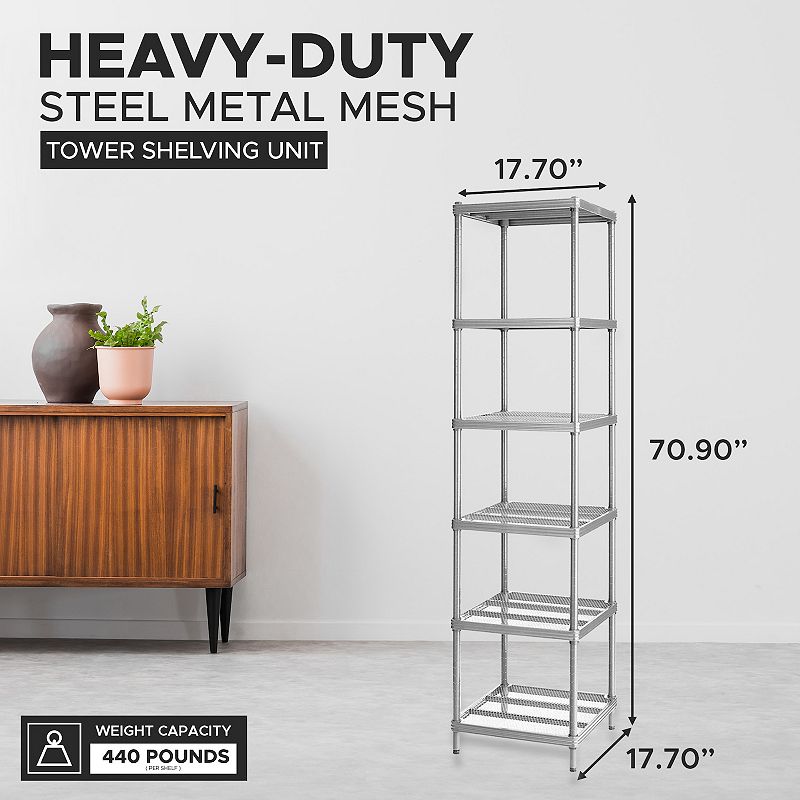 Design Ideas Meshworks 6 Tier Tower Metal Storage Shelving Unit Rack， Silver