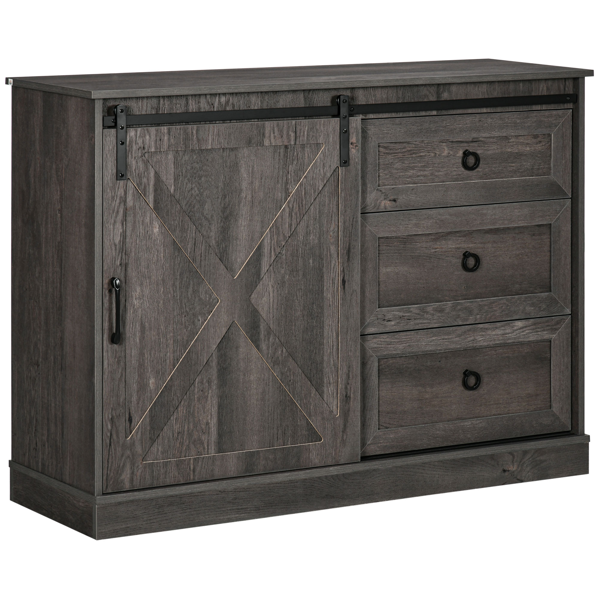 HOMCOM Farmhouse Coffee Bar Cabinet， Kitchen Sideboard， Buffet Cabinet with Sliding Barn Door and 3 Storage Drawers for Living Room， Dark Grey