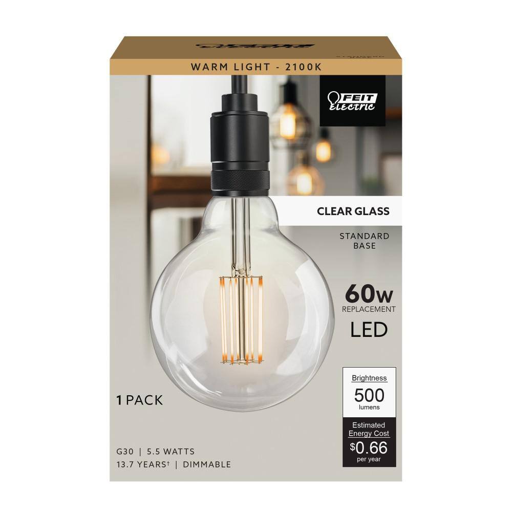 Feit Electric 60-Watt Equivalent G30 Dimmable Cage Filament Clear Glass E26 Vintage Edison LED Light Bulb Warm White (4-Pack) G3060CLVGLEDHDRP4