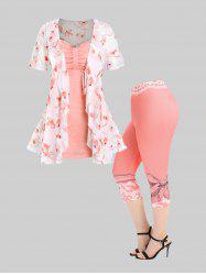 Floral Tie Blouse and Cami Top Set and High Waist 3D Print Capri Skinny Leggings Plus Size Summer Outfit