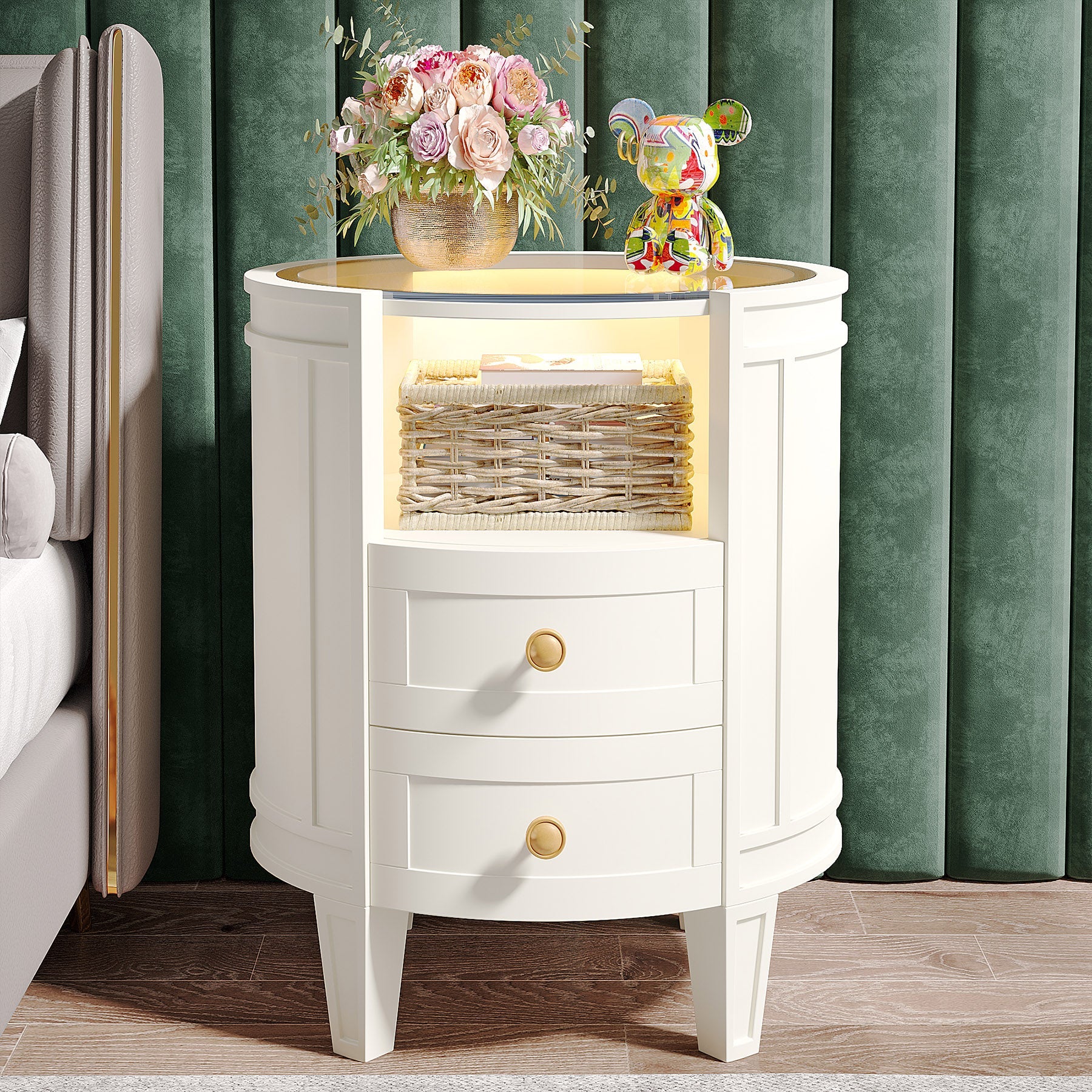 2-Drawer Nightstand with LED Light, Modern Side Table with Glass Tabletop