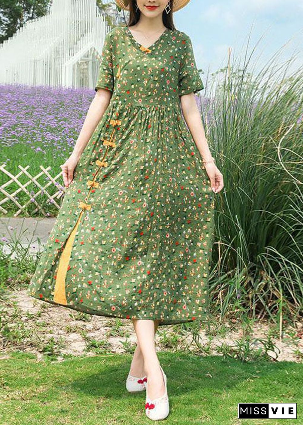 Boho Green Stand Collar Chinese Button Print Linen Dress Summer