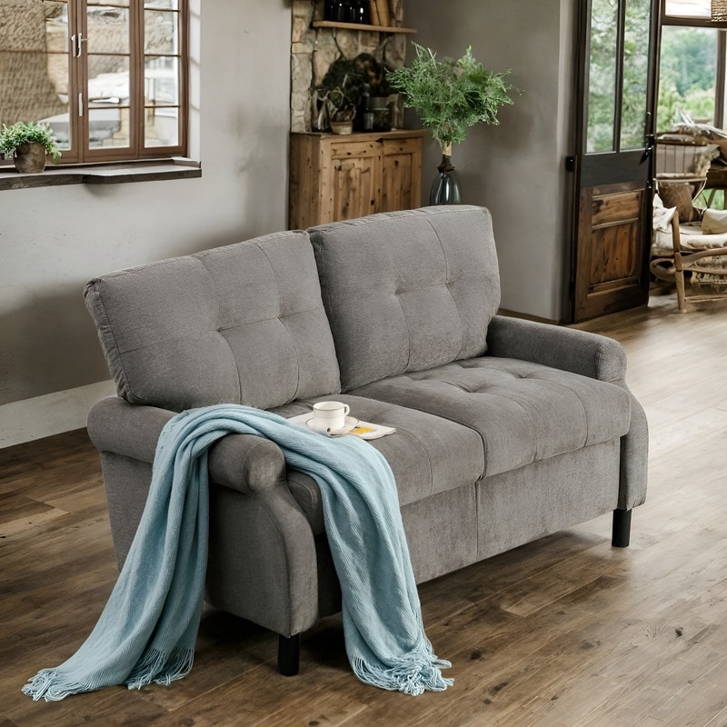 Modern Fabric 2 Seat Sofa  Upholstered Wooden Frame 2 Cushion Design Loveseat Furniture for Living Room  Grey Soft Couch