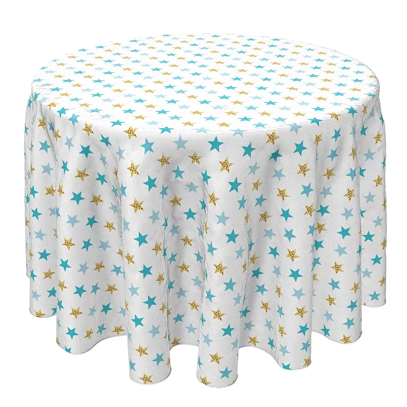 Round Tablecloth， 100% Cotton， 60 Round， Golden Blue Stars