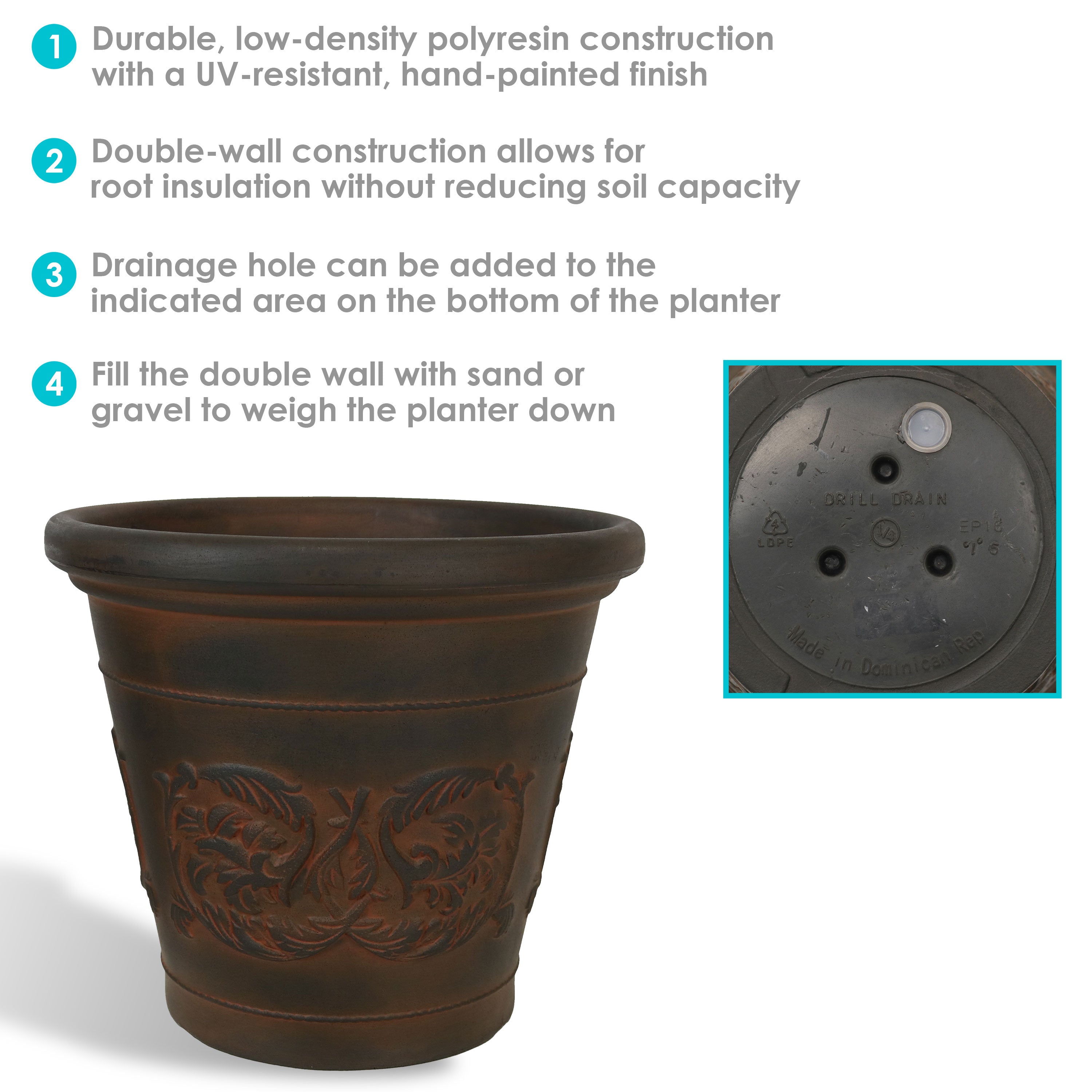 Sunnydaze Indoor/Outdoor Patio, Garden, or Porch Weather-Resistant Double-Walled Arabella Flower Pot Planter - 16" - Rust Finish - 2pk