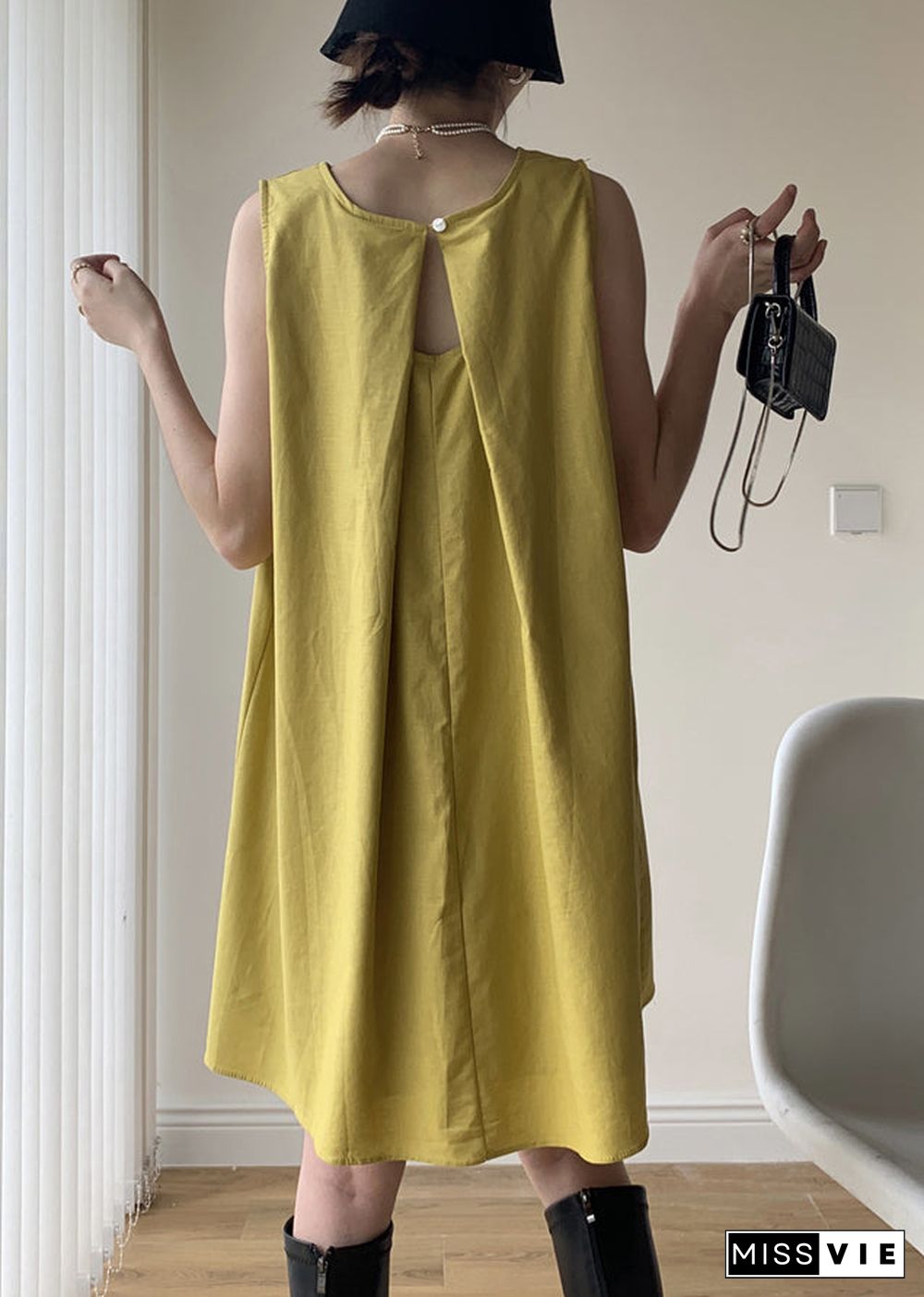 Casual Yellow O Neck Patchwork Cotton Mid Dresses Sleeveless