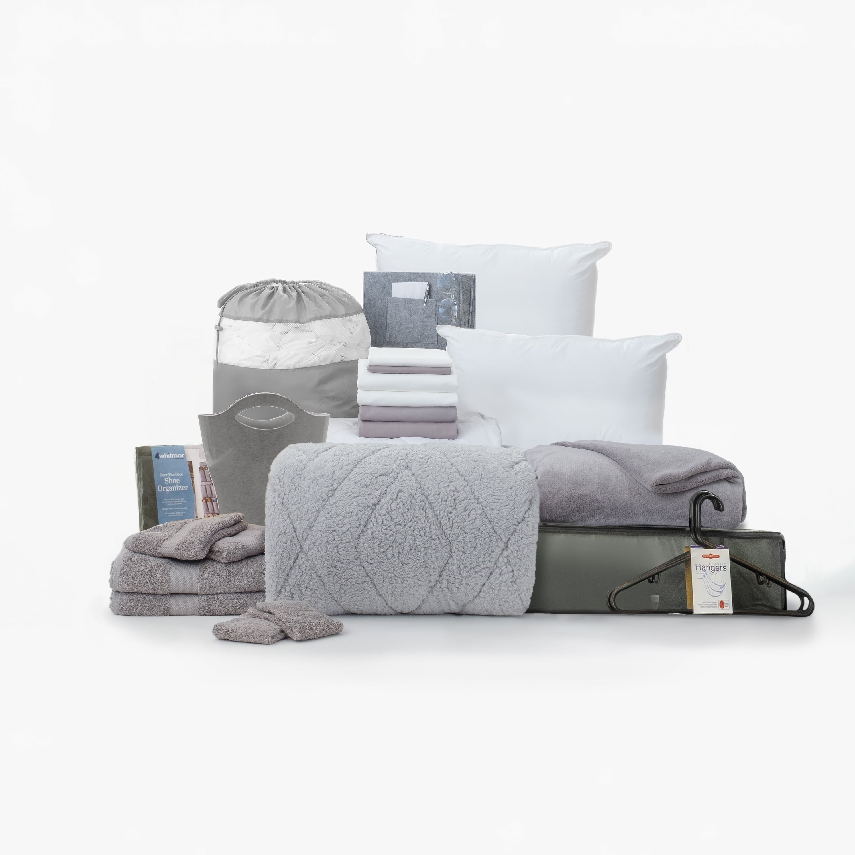 30-Piece OCM College Dorm Home Bundle in Kyla Gray， Twin XL Comforter， Sheets， Towels， Pillows， Storage， Lots of Extras