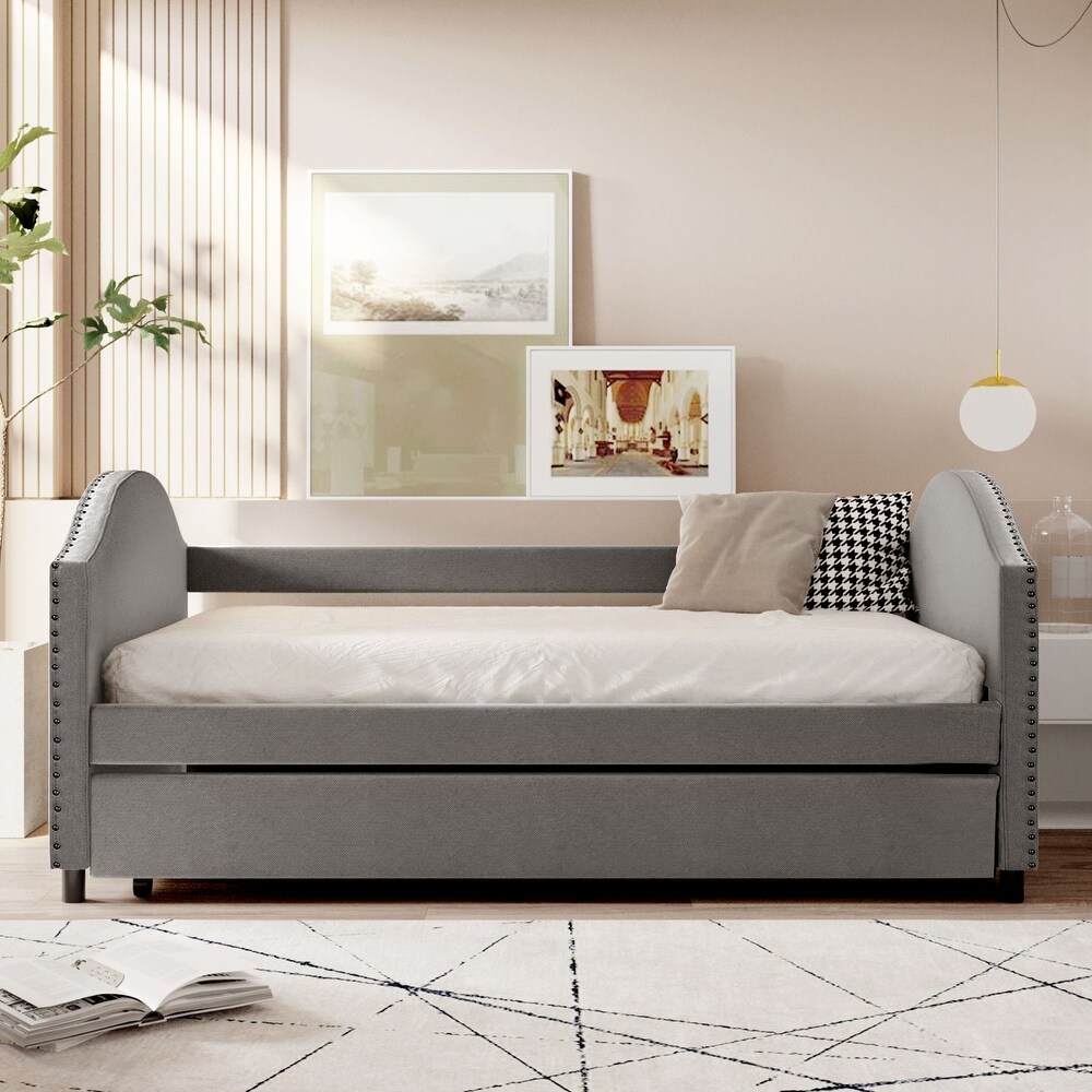 Full Size Linen Upholstered Daybed Solid Wood Sofa Bed with Trundle