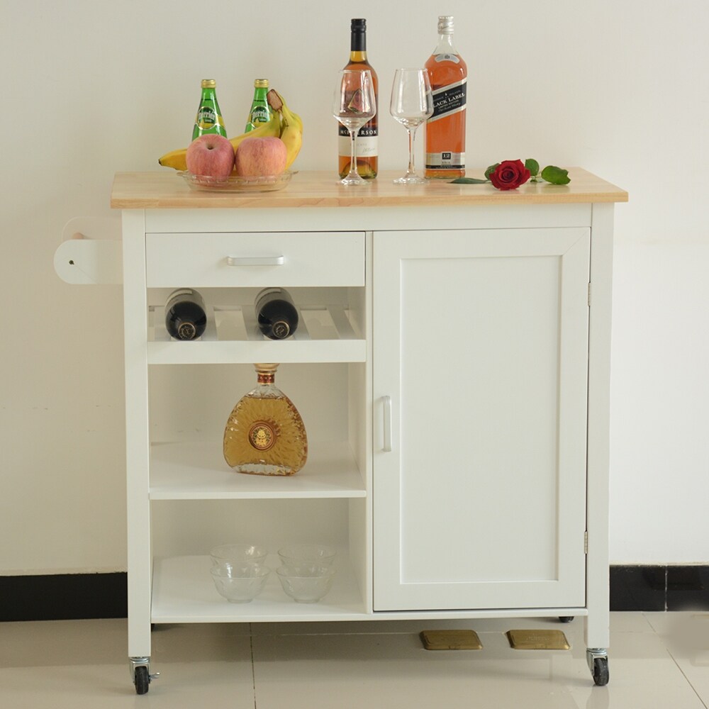 2 tier Open White Shelves Kitchen Island Cart  Movable Kitchen Shelf