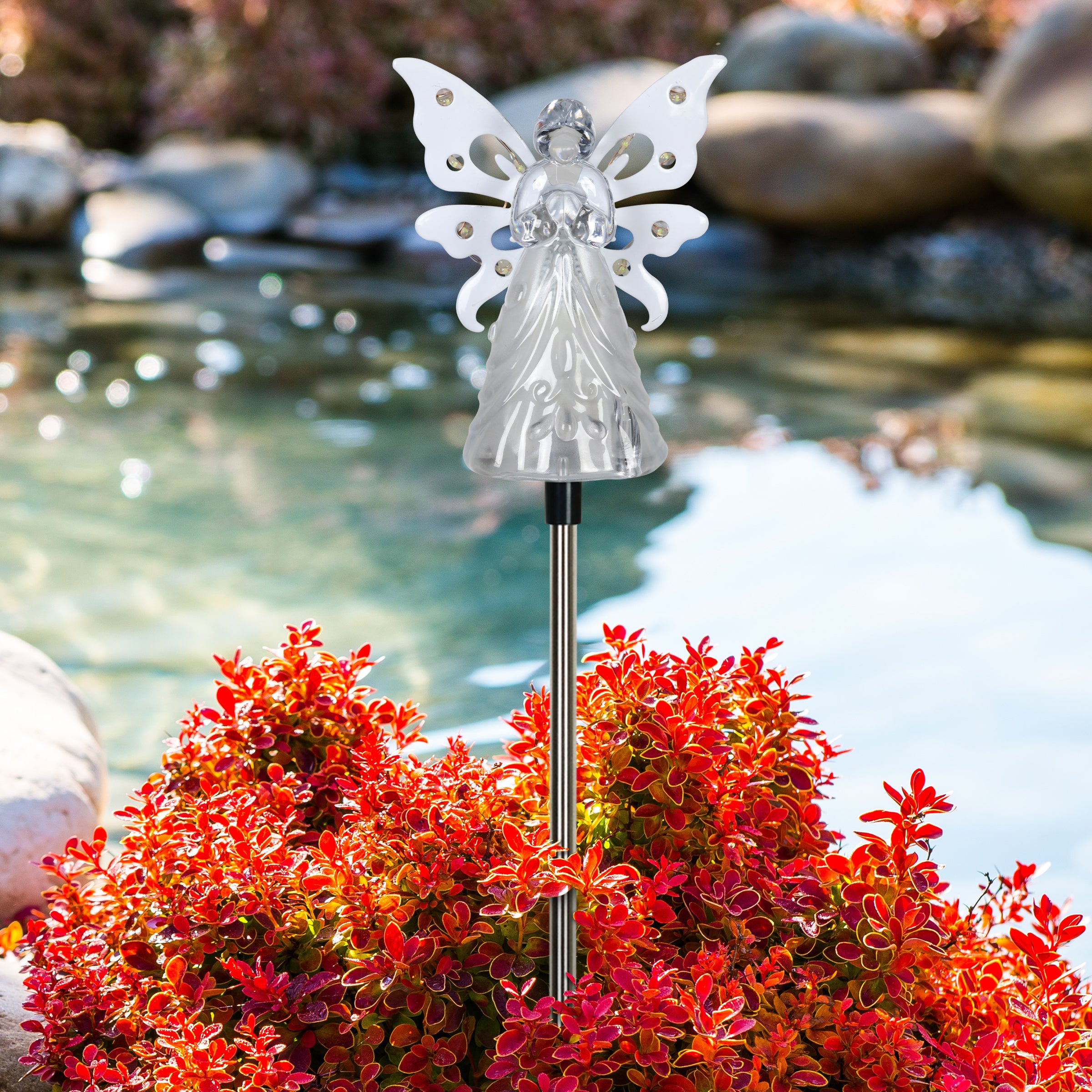 Exhart  White Angel Solar Powered Garden Stake， 4x34 inches， Plastic (Decor for Home Patio， Outdoor Garden， Yard or Lawn)