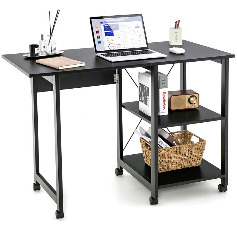 Rolling Folding Computer Desk with Storage Shelves