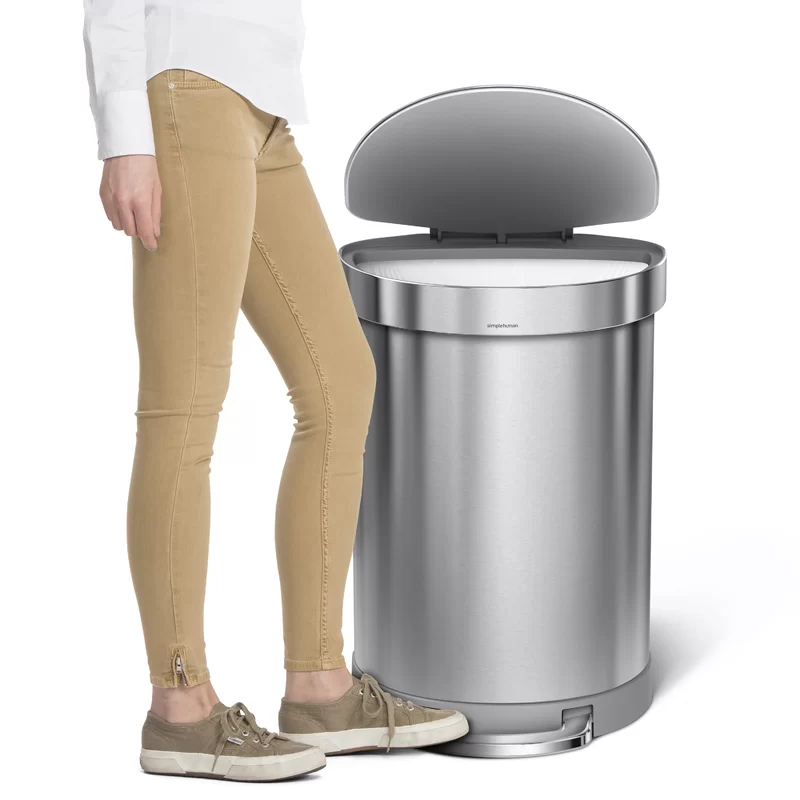 simplehuman 60 Liter Semi-Round Hands-Free Kitchen Step Trash Can with Soft-Close Lid， Brushed