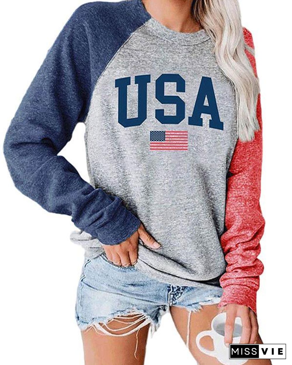 Plus Size Long Sleeve Letter Printed Color Stitching Top