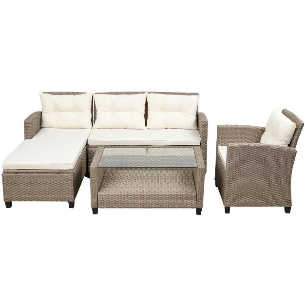 4pc Wicker Patio Sectional Seating Set With Cushions Beige brown Godeer