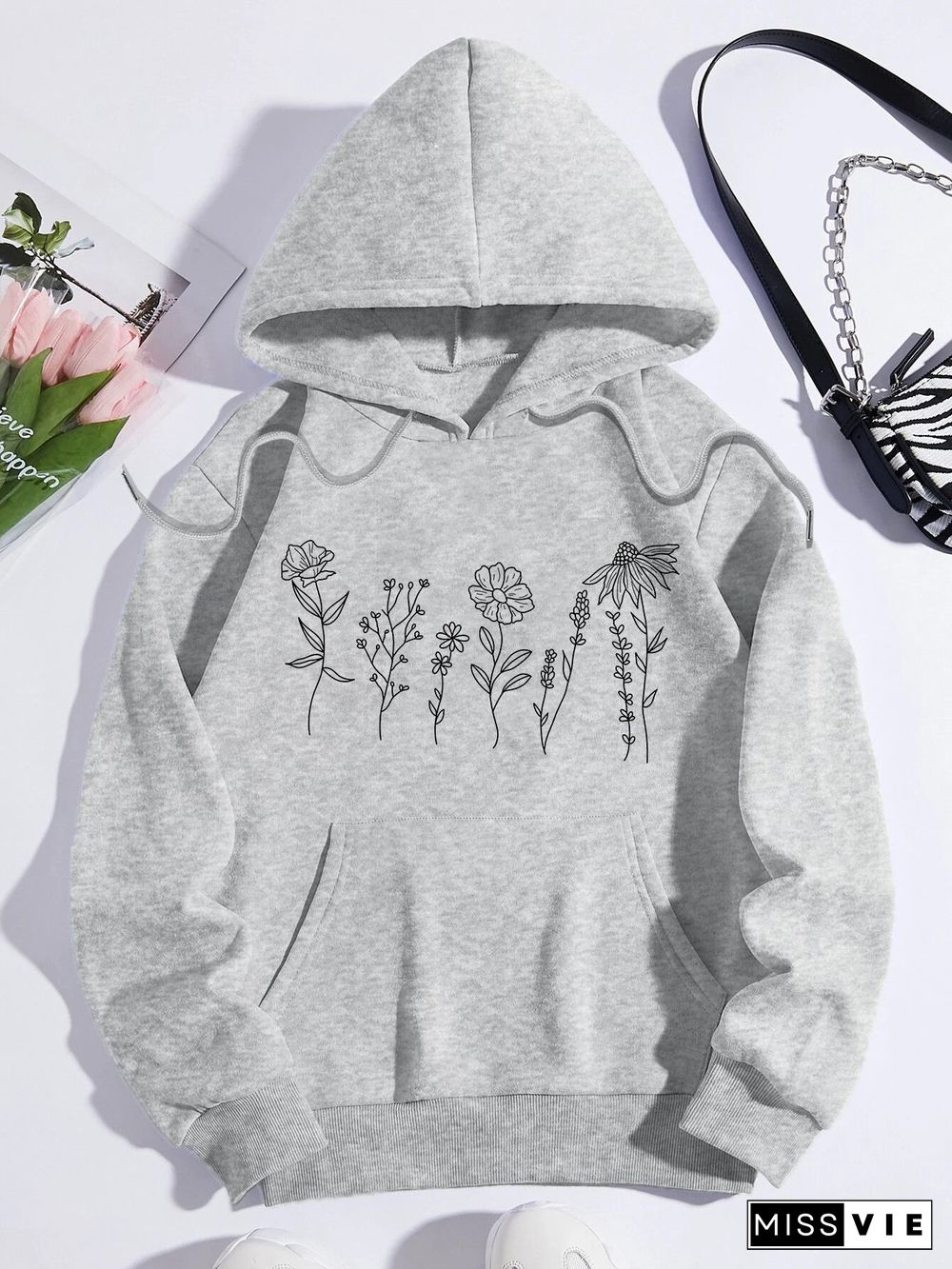 Printed on front Kangaroo Pocket Hoodie Long Sleeve for Women Pattern Flower