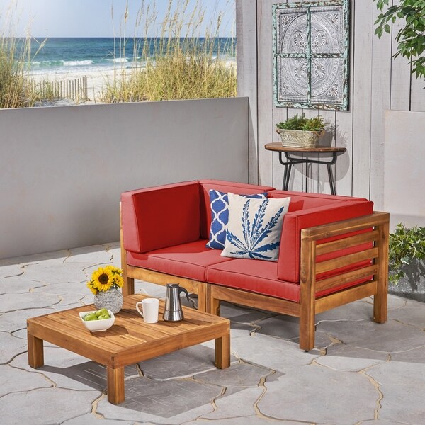 Oana Outdoor 2Seater Acacia Wood Sectional Loveseat and Coffee Table Set with Cushions by Christopher Knight Home