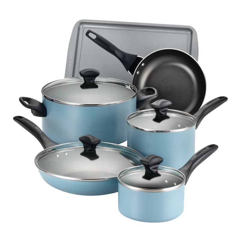 Farberware 21894 Dishwasher Safe 15-Piece Aluminum Nonstick Cookware Set in Aqua