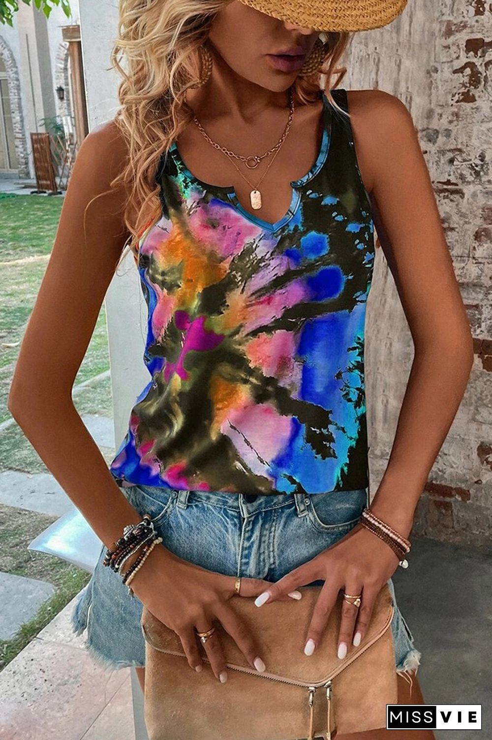 Split V Neck Tie Dye Tank Top