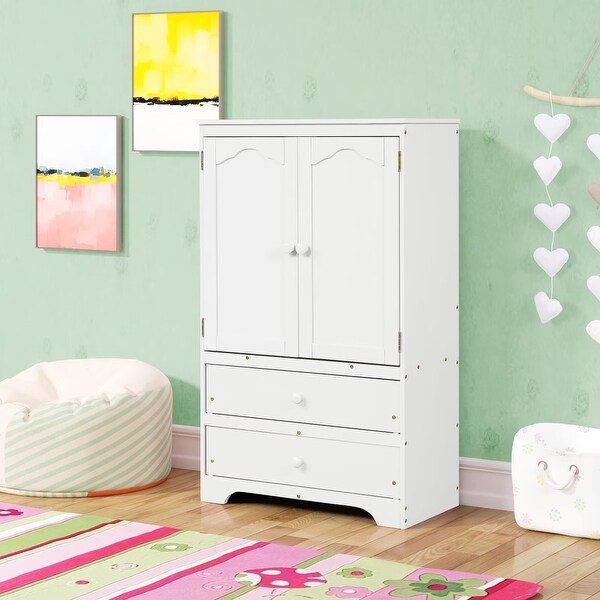 Cute Children's Wardrobe Side Cabinet 2 Doors with 1 Clothes Rail， 1 Shelf， 2 Drawers， Anti-Falling Hardware - - 36073581