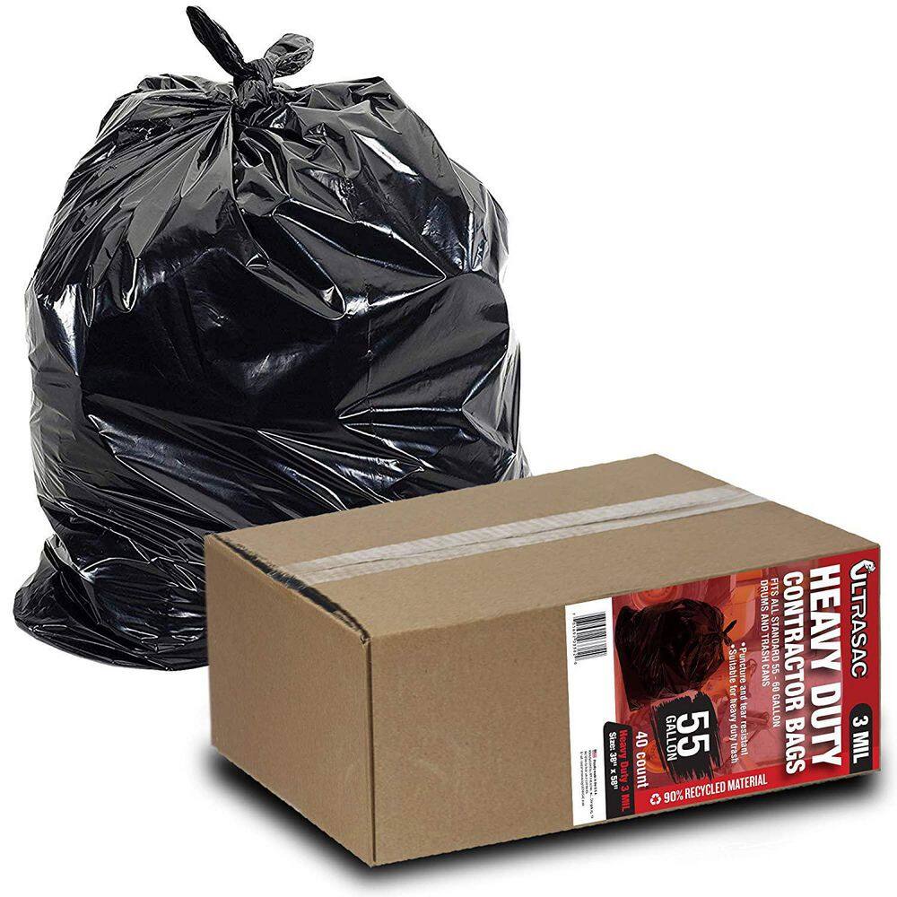 Ultrasac Heavy-Duty 55 Gal. Contractor Bags - (40-Count 3 Mil) - 38 in. x 58 in. Large Black Plastic Trash Can Liners UL 3MDRUM